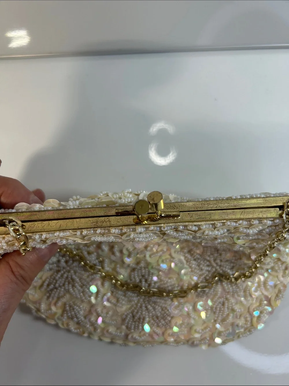 Vintage Handmade Beaded Sequined Evening Clutch W/ Chain